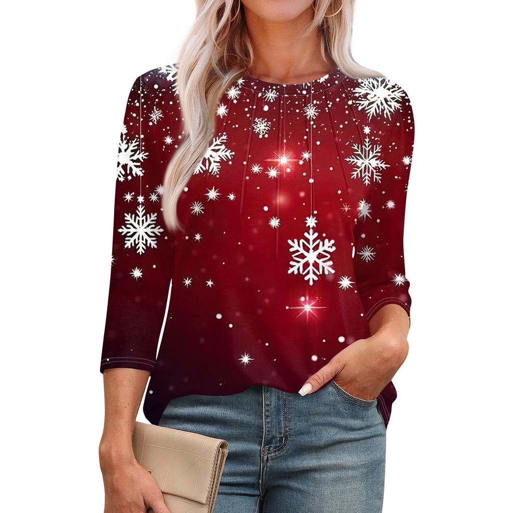 Женская модная футболка с круглым вырезом и рукавом 3/4 с рождественскими принтами, повседневная базовая плиссированная футболка-пуловер