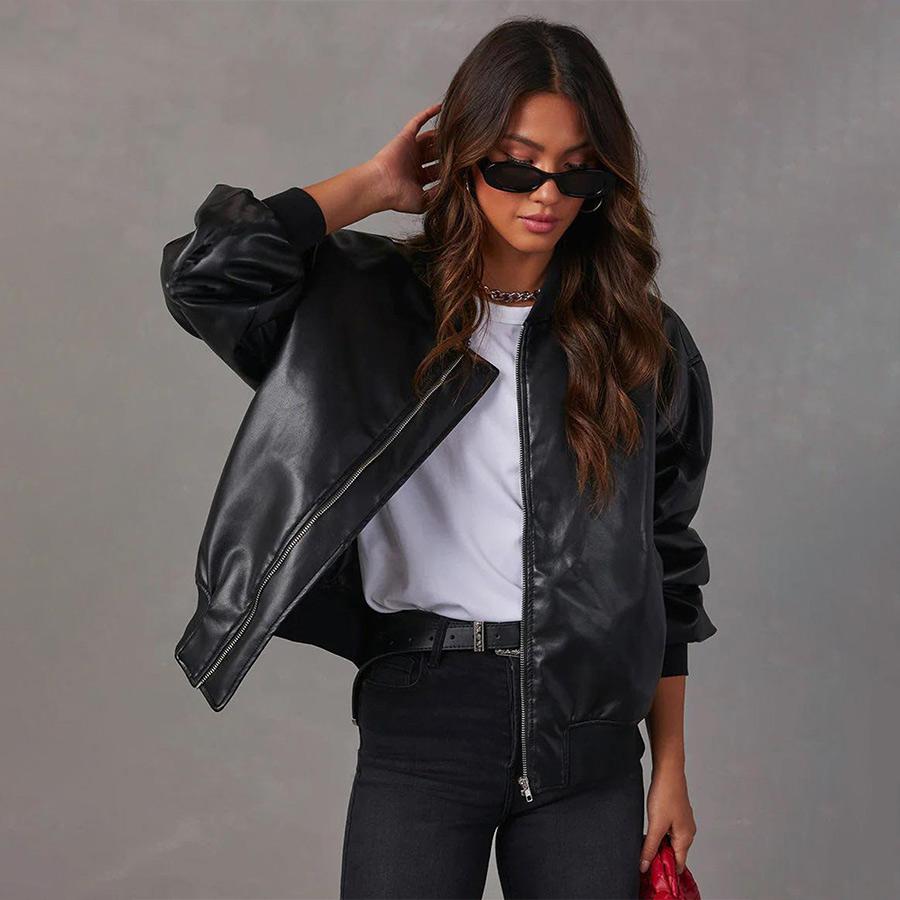 Женская винтажная бомбер-куртка из искусственной кожи с опущенными плечами, свободного кроя, повседневное уличное пальто