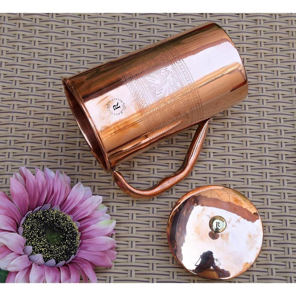Pure Copper Jug - 1L Hand Made | with Beautiful Embosed Engraving | Copper Pitcher with Ayurvedic Health Benefits | Improved Water Taste