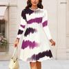 Women Plus Size Round Neck Long Sleeve Dark Teal Navy Gold Printed A Line Flared Dress