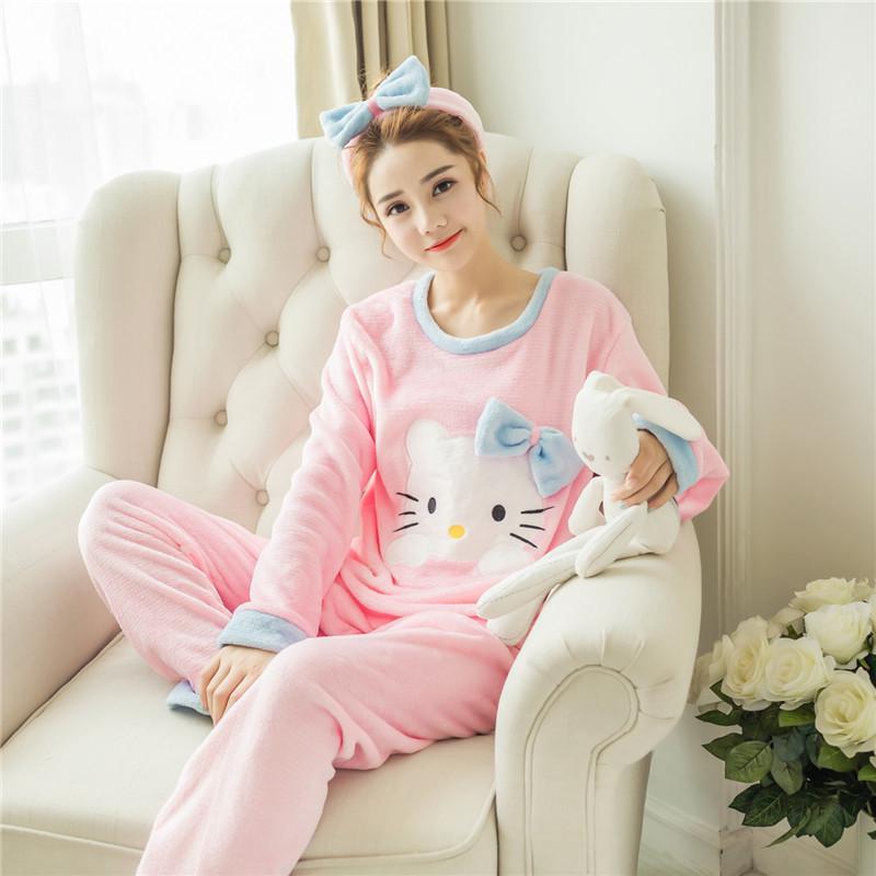 Women's Long-Sleeve Flannel Pajamas - Cute Cartoon Coral Fleece Set for Fall & Winter