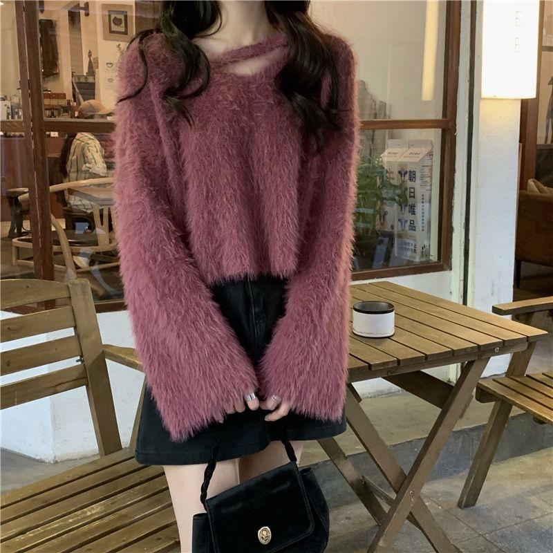 Пуловер женский осенне-зимний трикотаж из искусственной норковой шерсти, женский дизайн, свитер с v-образным вырезом и подкладкой, пуловер, топ