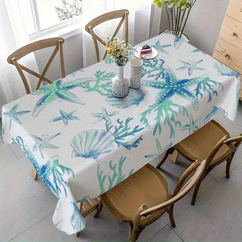1pc Coastal Beach Tablecloth - Blue & Green Ocean Starfish Coral Design, Durable Polyester Rectangular Table Cover for All-Season Indoor/Outdoor Dinin