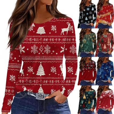 Женская модная повседневная футболка с разрезом по низу, круглым вырезом, длинными рукавами, свободного кроя, с рождественским принтом, женский топ