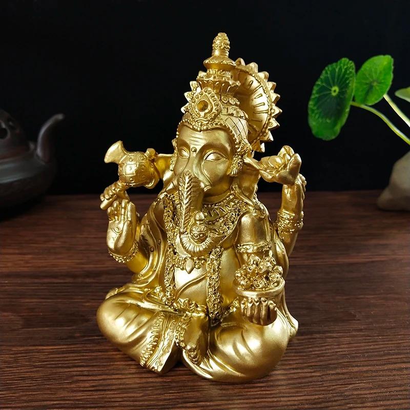 Gold Lord Ganesha Statue Sculpture Big Resin Ornaments Hindu Elephant God Buddha Statues Figurine Home Decoration Lucky Gifts