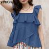 Women Summer Strap Sleeveless Irreglar Layers Ruffled Casual Tank Tops