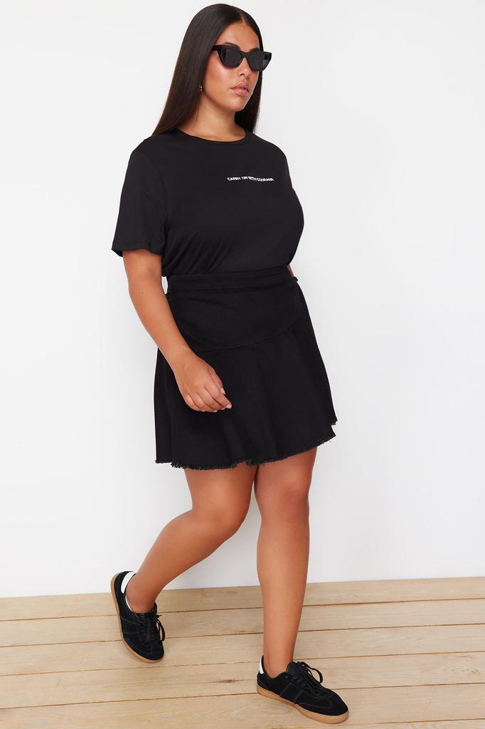 Женский стиль, большие размеры, черная мини-джинсовая короткая юбка с воланами и подробными деталями