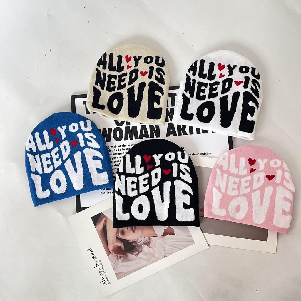 Blocked Simple Color Letter And Heart Pattern Women Casual Warm Hat Knitted