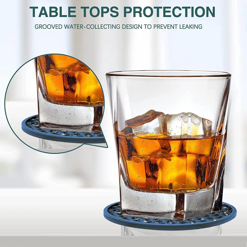 Silicone drink coasters with metal holder, 6-piece drink coasters - absorb moisture and prevent table damage, black silicone coasters