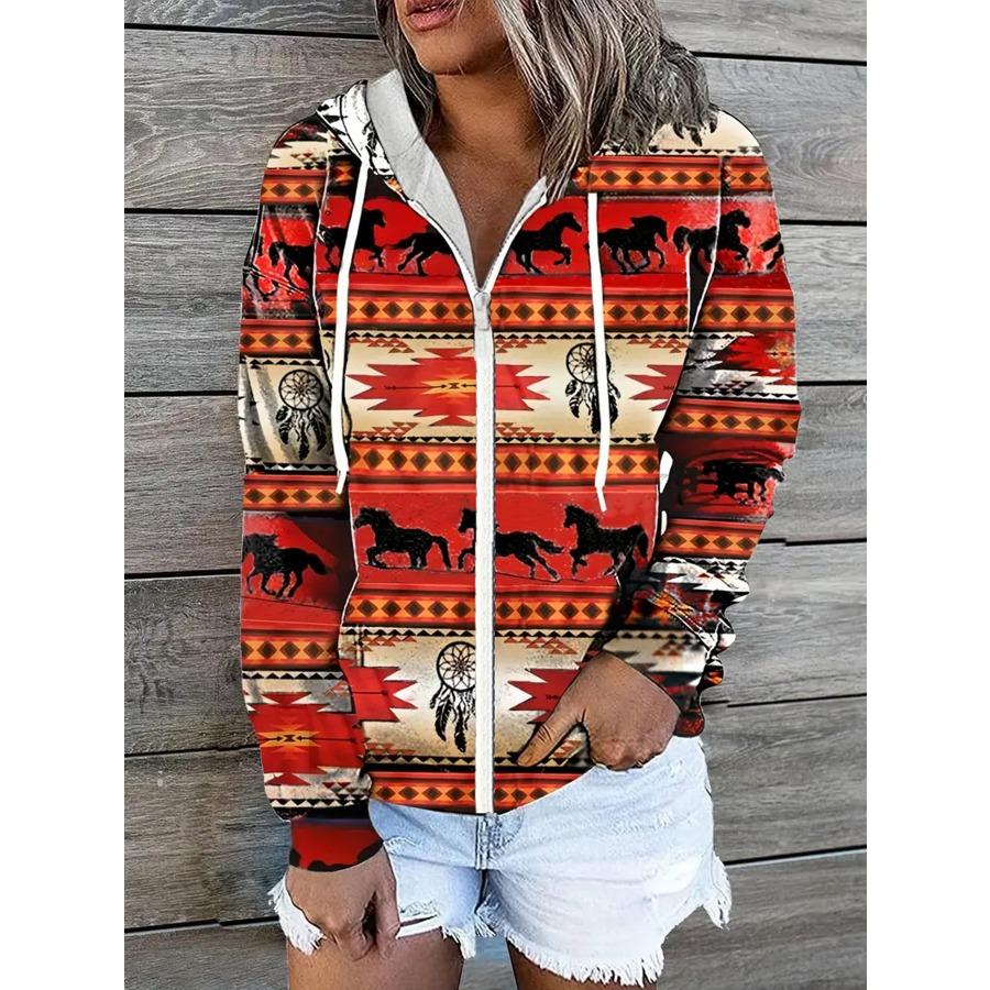 Winter Printed Hooded Sweatshirt Sportwear Coat for Women Zipper Down 3D Pocket Hoodies Autumn Women's Clothing