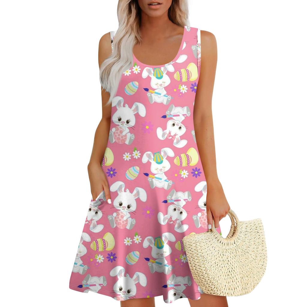 Womens Summer Dresses Easter Print  Loose U Neck Sleeveless Sundresses Dress With Pockets