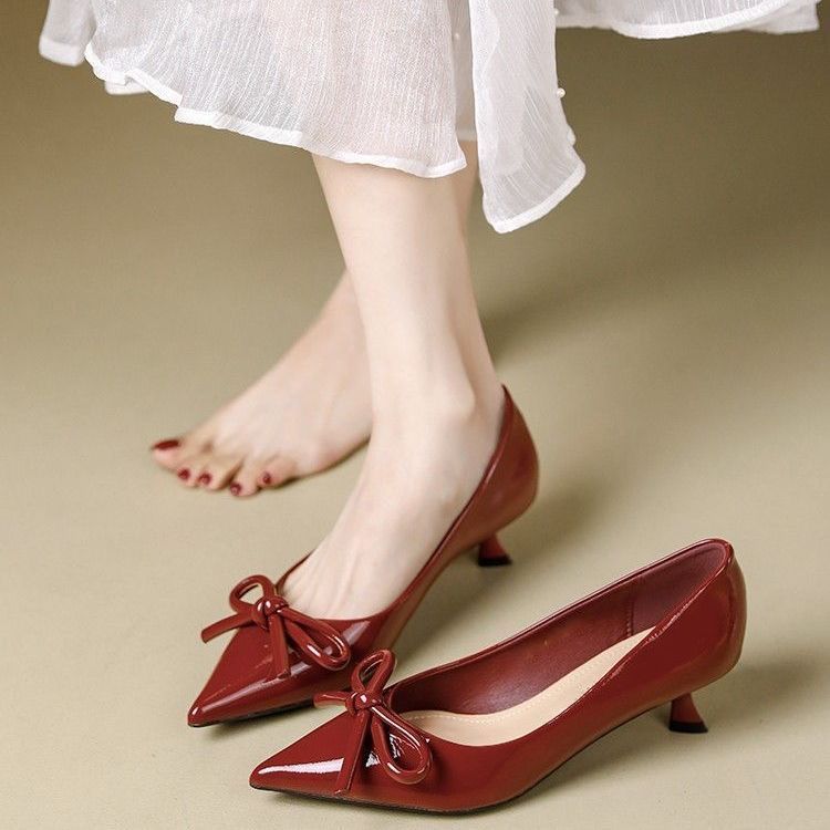 High Heels Medium Heel Red Bridal Wedding Shoes French Pointed Head Stiletto Single Shoes Femininity Bows Are Not Tired