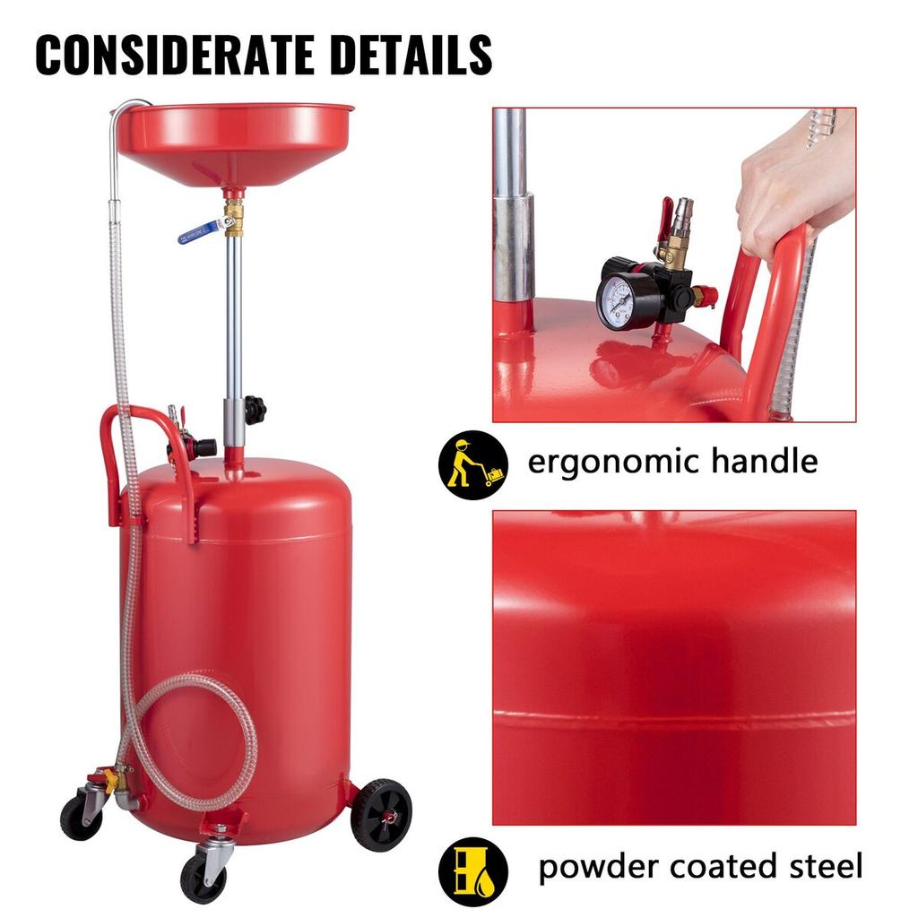 Waste Oil Drain Tank 20 Gallon Portable Oil Drain Air Operated Drainer Oil Change, Oil Drain Container, Fluid Fuel Transfer Drainage Adjustable Funnel