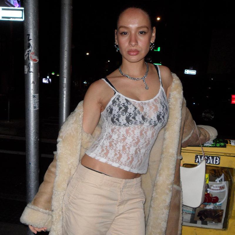 Женские летние сексуальные кружевные укороченные топы без рукавов с прорезями, прозрачные, милые, для клубных вечеринок, Y2K, топы на бретелях, уличная одежда