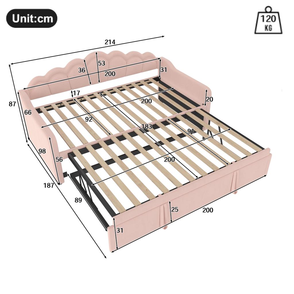 Диван-кровать Flieks Дневная кровать 90×200 см (выдвижной до 180×200 см) со светодиодной лентой с изменяющимся цветом, розовый