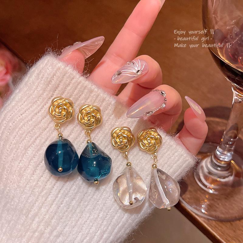 Корейские серьги-слезинки в форме розы: Зеленый кристалл во французском ретро-стиле для женщин