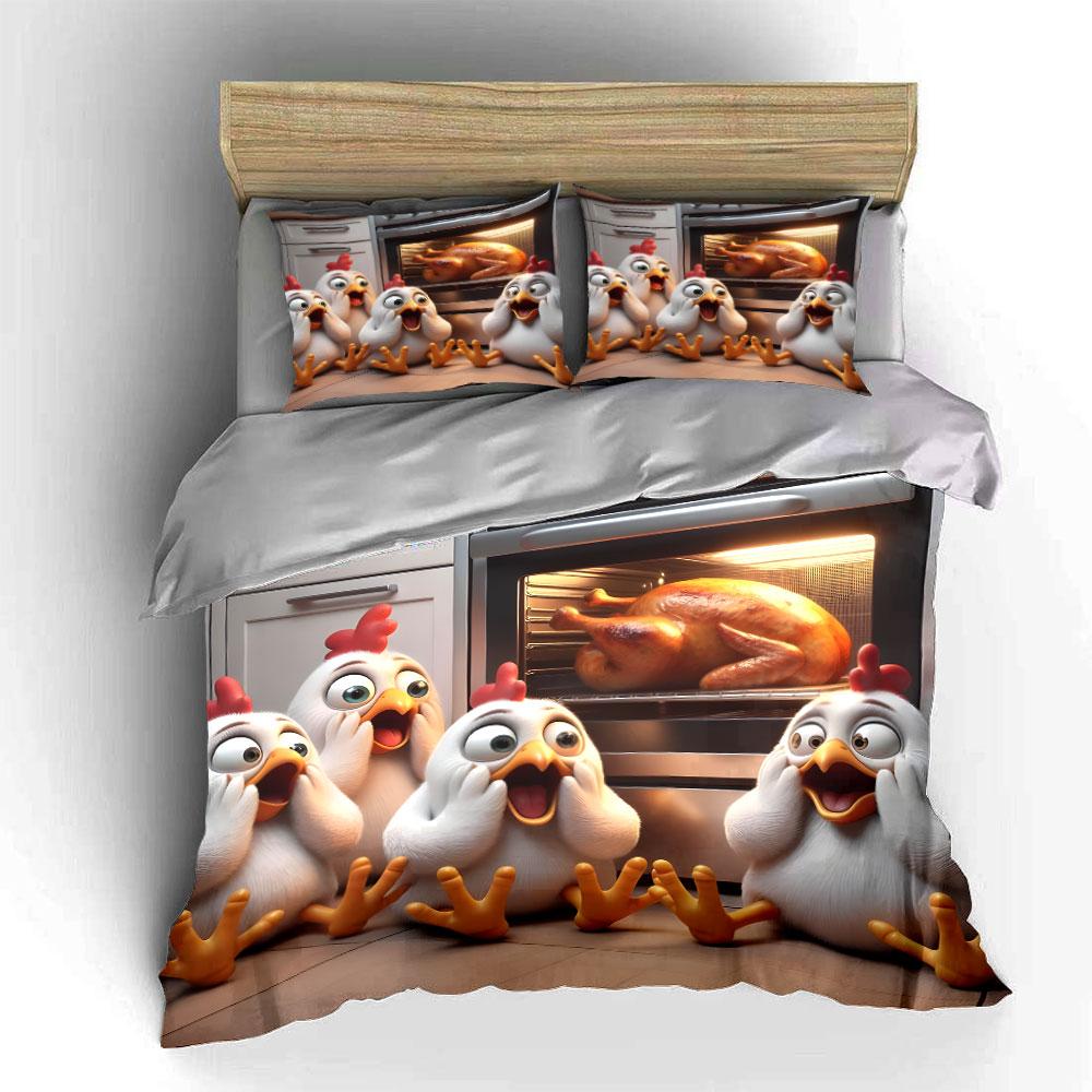 "Animated Chicken Trio Kitchen Surprise" Exquisite three-piece bedding set gift for kids and adults