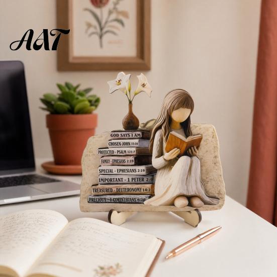 Exquisite Desktop Figurine Decor Wooden Reading Girl Figurine, Stable Pastoral Style Statue Decorative for Desk Decor, Artistic Healing Ornament,
