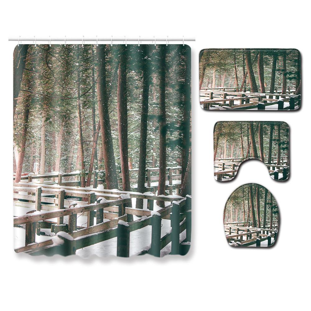 Landscape Shower Curtain Floor Mat Combination Four-Piece Set Bathroom Toilet Carpet Shower Room Mat Foot Mat