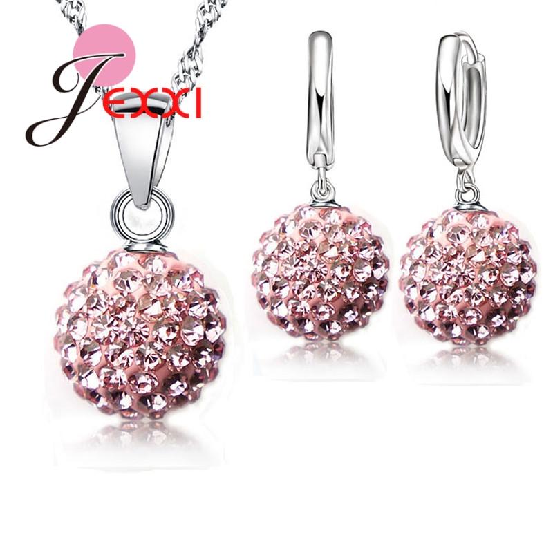 New Jewelry Sets 925 Sterling Silver Austrian Crystal Pave Disco Ball Lever Back Earring Finding Pendant Necklace Woman