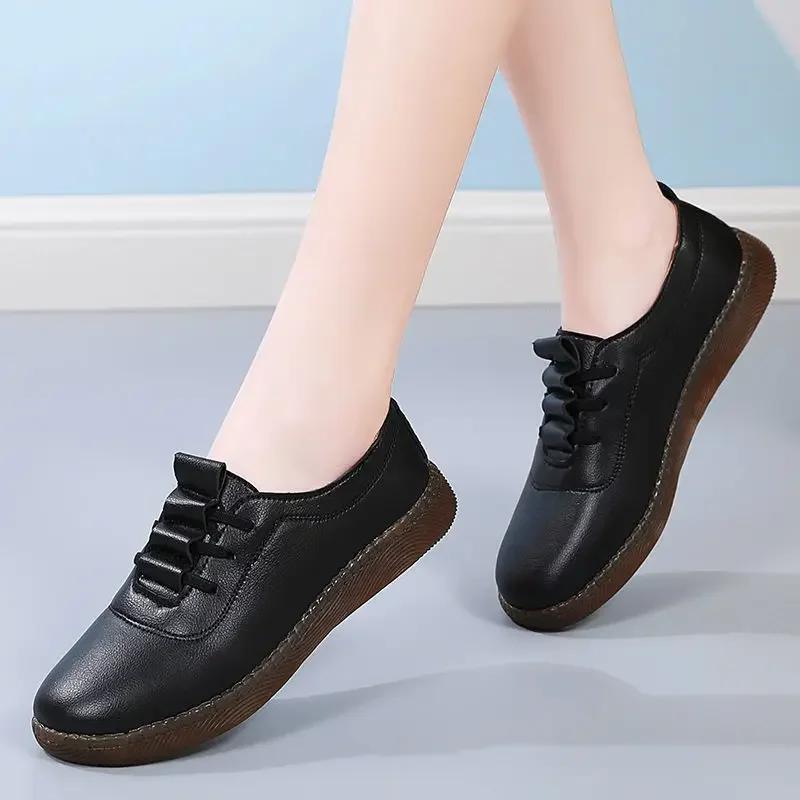 Spring White Leather Women Shoes Flat Mother Shoes Women Summer Tendon Soft Sole Casual Sneaker Slip-on Lazy Shoe Tenis De Mujer