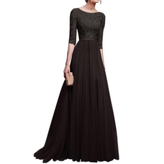 Women Prom Party Dress Round Neck Lace Flower Embroidery Half Sleeve Tight Waist Patchwork Floor Length Pleated Lady Fall Winter Maxi Evening Dress
