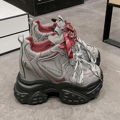 Мода 11СМ Новая Осень Дышащие Женские Массивные Повседневные Туфли Высокие Каблуки Женские Танкетки Сетка Кроссовки Толстая Подошва Кроссовки Обувь на Платформе