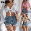Summer Hollowed-out Striped Tie Long-sleeved Crop Top Knitted Cardigan for Women with Sun Protection