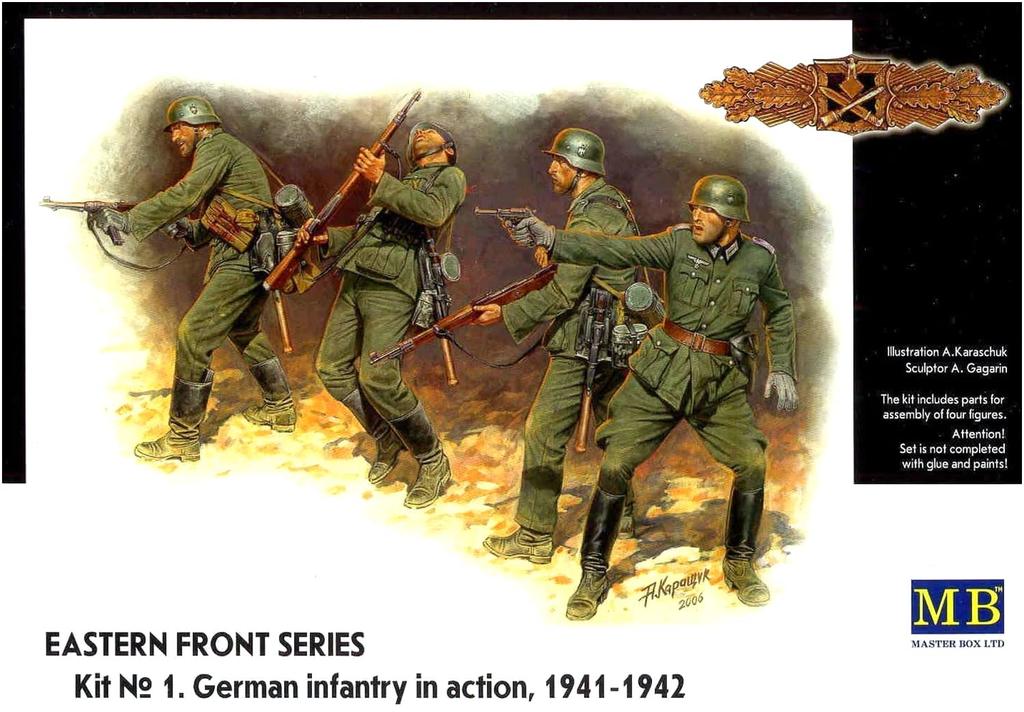 Master Box Масштаб 1/35 Немецкая пехота Вермахта, Восточный фронт 1, 1941-1942, Набор пластиковых моделей из 4 фигур, MB35022