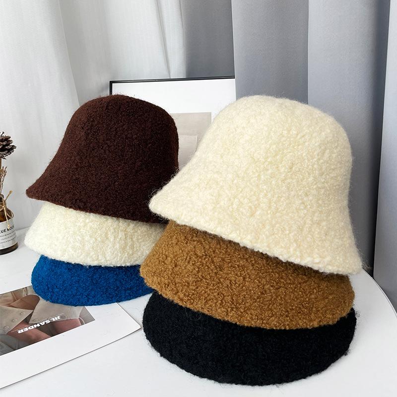 Lamb Wool Solid Color Fisherman Hat Autumn and Winter Face Showing Small Table Lamp Hat Girl Birthday Style Plain Face Covering Warm Basin Hat