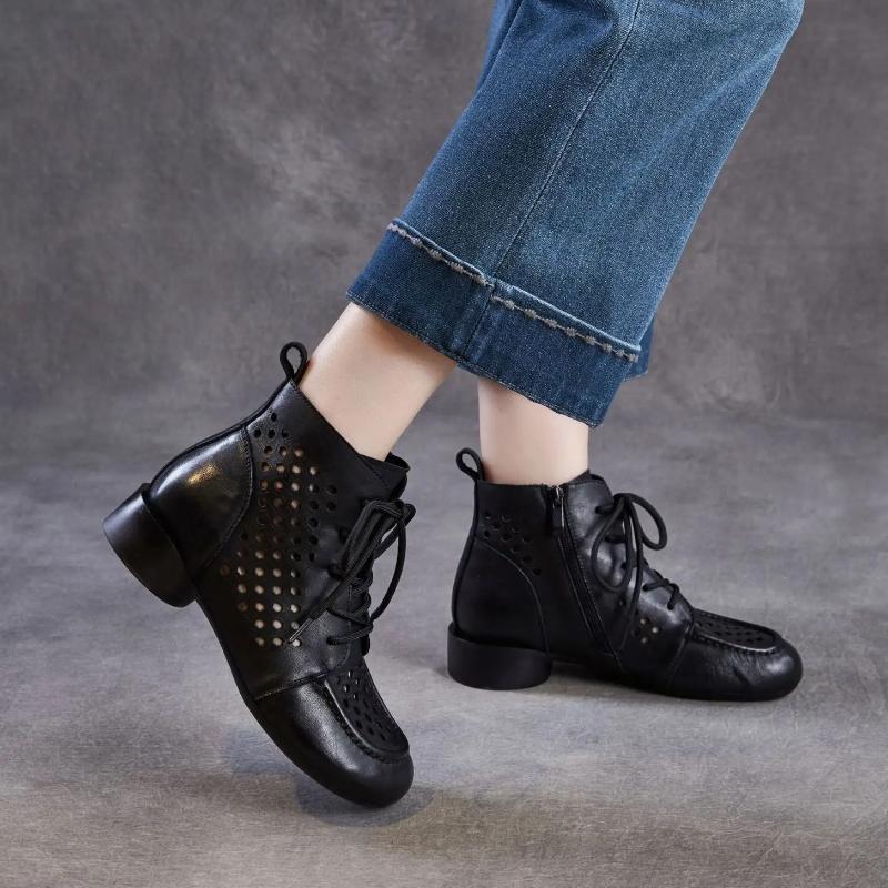 Johnature Женские ботинки из натуральной кожи в ретро-стиле на толстом каблуке с вырезами, низкий каблук, дышащие