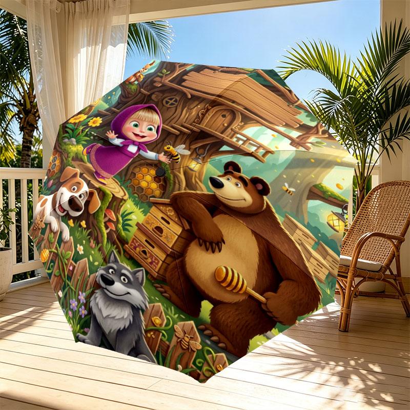 Masha and the Bear Print Automatic Open Close Umbrella, Portable Foldable Umbrella, for Outdoor Commute Camping Trip, Ideal Birthday Gift