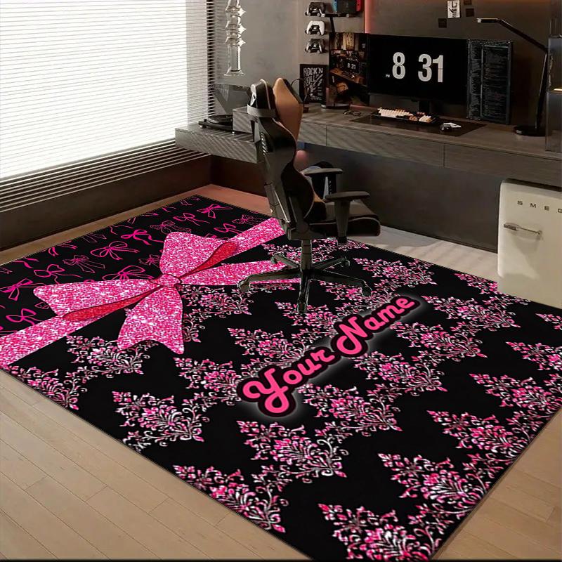 1PC Custom Name Pink Bow Theme Floor Mat Ideal for Living Room, Game Rooms, Office, Bedroom,Floor Mat Playful Design