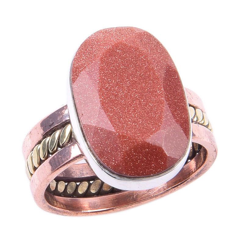 Natural Sunstone Gemstone Handmade 925 Sterling Silver Two Tone Ring S.6.5 m0b76
