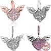 Silver S925 Sparkling Heart & Angel Wings Dangle Pendant Charm Bead for Women Fit Original Bracelets Necklace DIY Jewelry