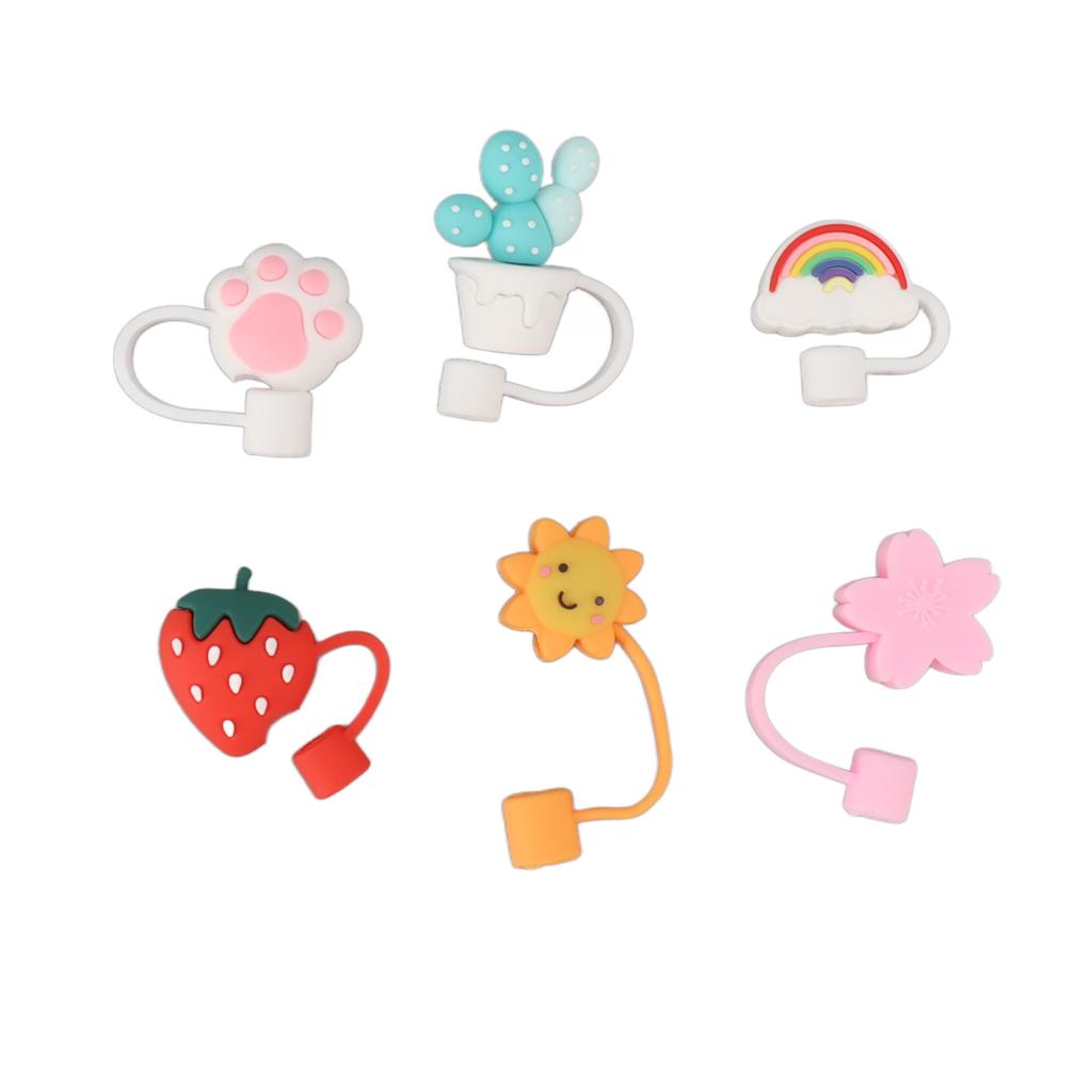6Pcs Straw Cover Cap Cute Cartoon Reusable Silicone Toppers Drinking Tips Lids Plugs Type B