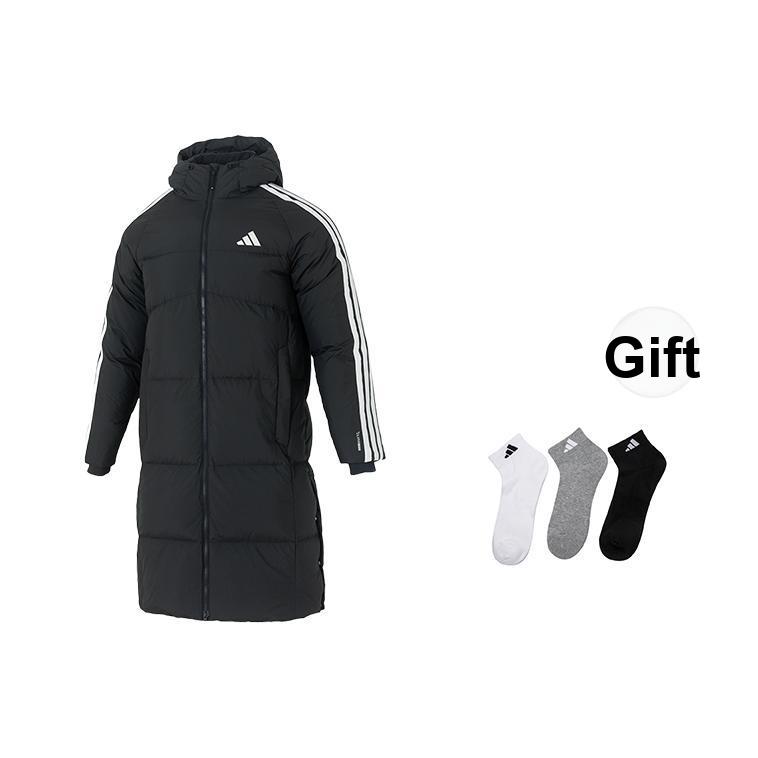 adidas Пуховик 3-Stripes 3S L Теплый Ветрозащитный Водоотталкивающий Пух Утки В полоску На молнии С капюшоном Длинное пальто Мужская верхняя одежда Черный KC2498