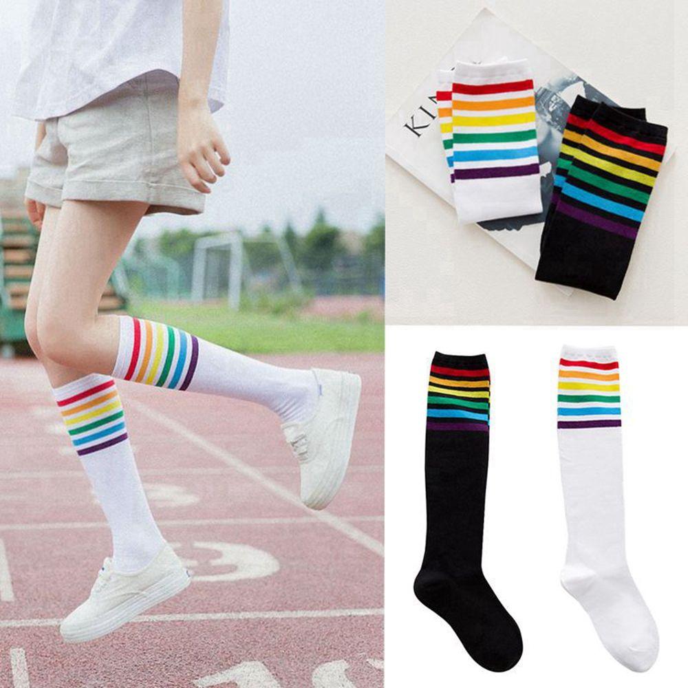 Soft Knee Over Thigh High Football Socks Long Hosiery Stocking Rainbow Stripe