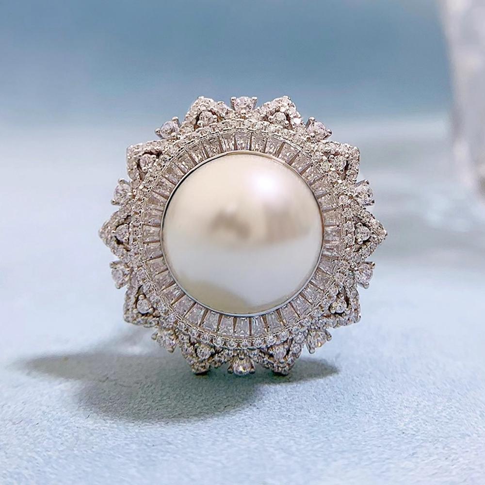 18k White Gold Pearl 14mm Faceted Gemstone Ring For Women Engagement Gift 925 Sterling Silver Luxury Jewelry