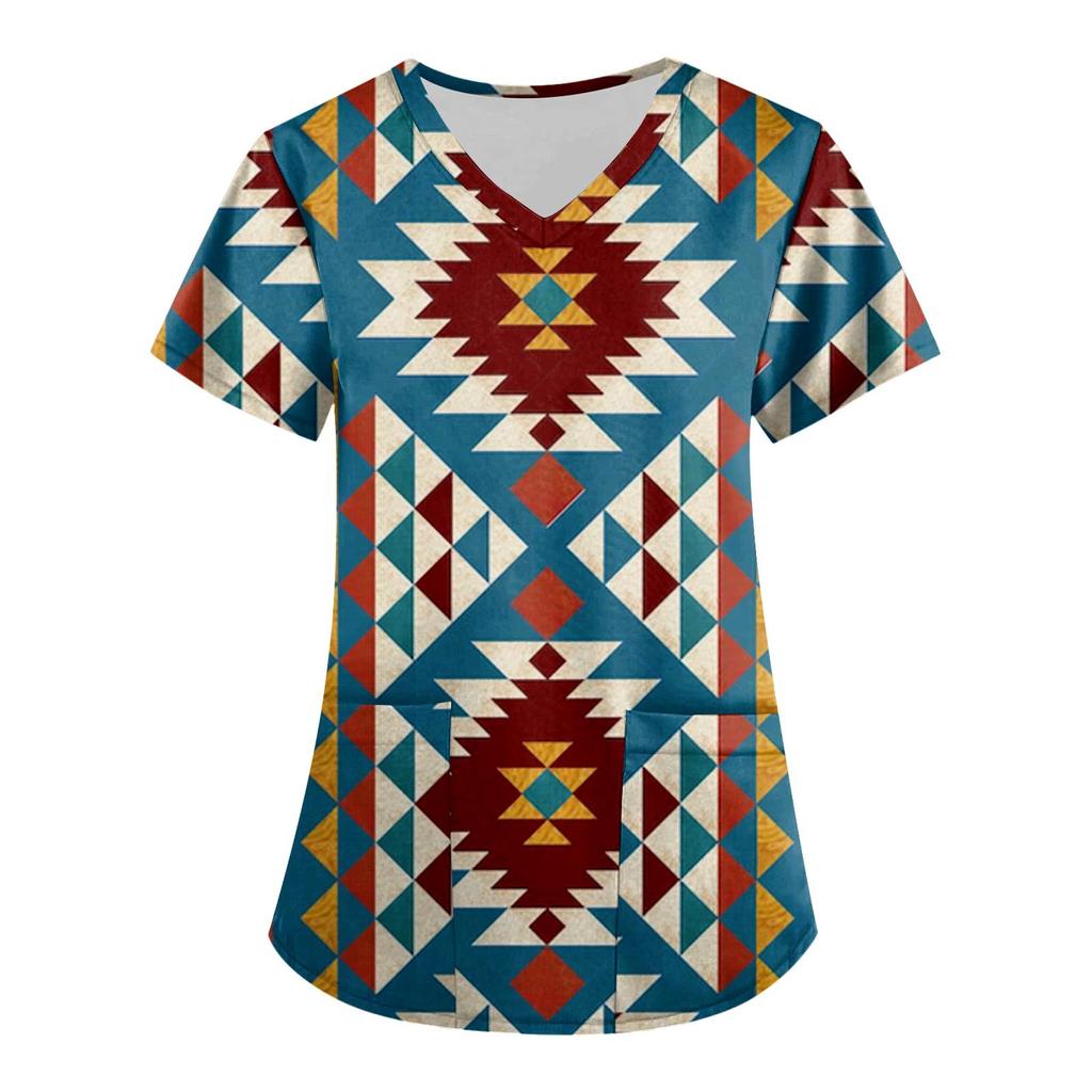 Women's Fashion Printing Short Sleeve V-neck Tops Working Pocket Blouse