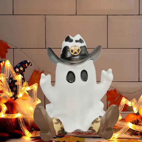 Статуя Призрака Ковбоя на Хэллоуин Полимерная Фигурка Призрака в Ковбойских Сапогах Шляпе Настольное Украшение Призрака для Дома Вечеринки Центральный Элемент Каминная Полка