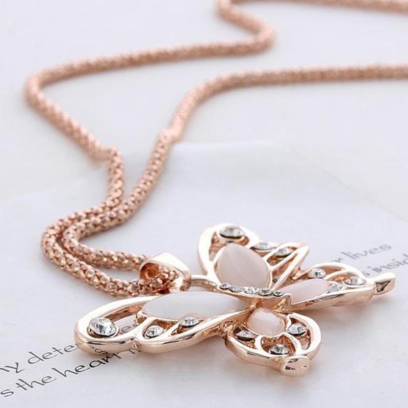 Новая мода ожерелье с подвеской в ​​виде опаловой бабочки, розовое золото, свитер, цепочка, длинное ожерелье для женщин и девочек, ювелирные изделия