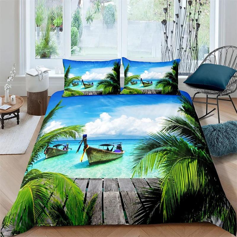 Пододеяльник Summer Beach King Queen с изображением синих морских рыб, комплект постельного белья Hawaiian Sea Palm Trees, пододеяльник с изображением морских животных