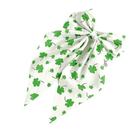 Заколка для волос из зеленой ленты с бантом и узором в виде четырехлистного клевера, пружинная заколка для затылка, заколка для волос в милом стиле