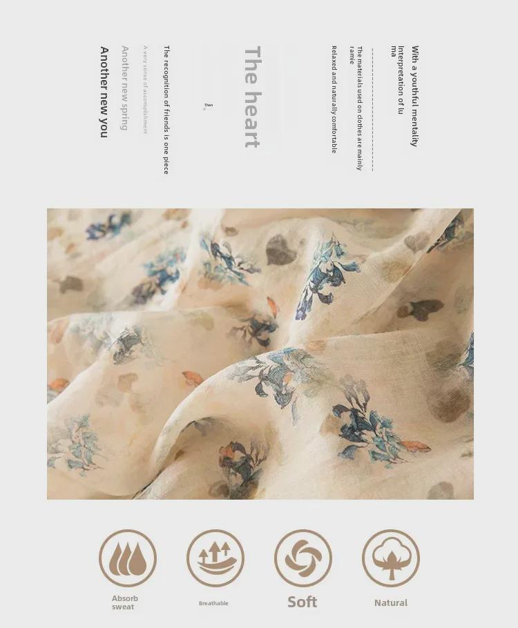 Летняя льняная рубашка с цветочным принтом и воротником-ушком