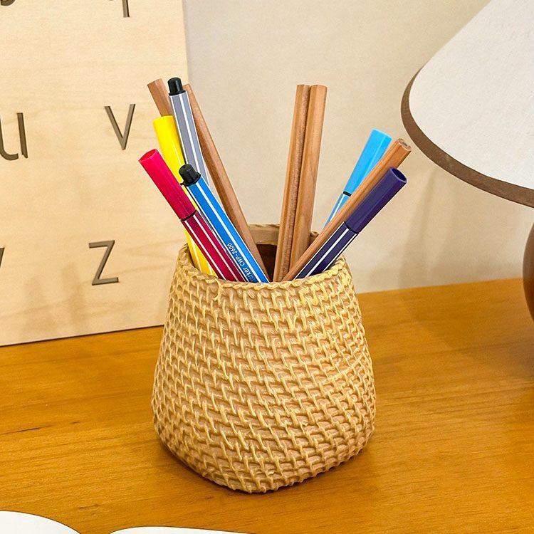 1pcs Creative retro imitation rattan pen holder makeup brush eyebrow pencil storage box office desktop artistic decoration