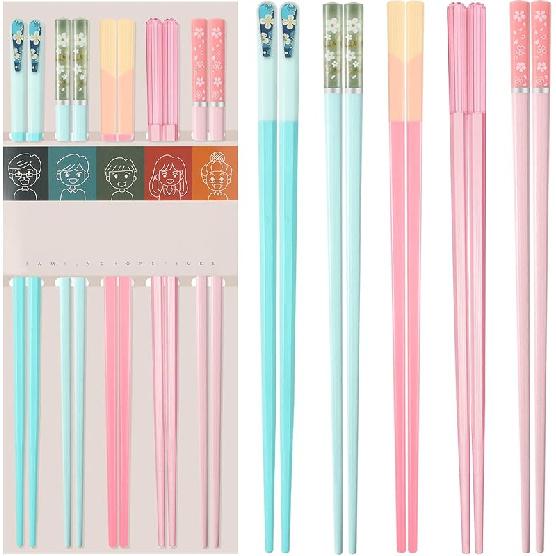 Chopsticks Reble Dishwasher Safe, 9.57 inches Pink Non-slip Lightweight Fiberglass Chop Sticks, Asian Cuisine Japanese Chinese Chopstick Gift Set, 5