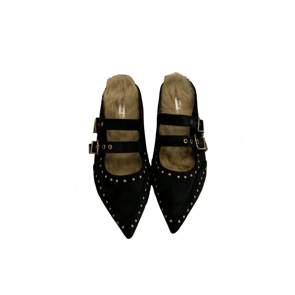 Туфли Мэри Джейн на скрытой платформе женские 2025 осень и зима новые заклепки с острым носком модные шлепанцы