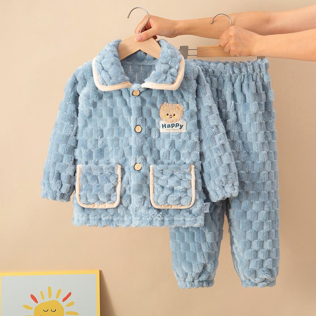 Детские осенне-зимние мягкие фланелевые теплые пижамные комплекты, детская мультяшная пижама с принтом медведя, пальто и брюки, пижама для мальчиков и девочек, повседневная одежда для сна