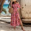 Summer Women Holiday Style One Shoulder Printed Long Dress Floral Ruffled